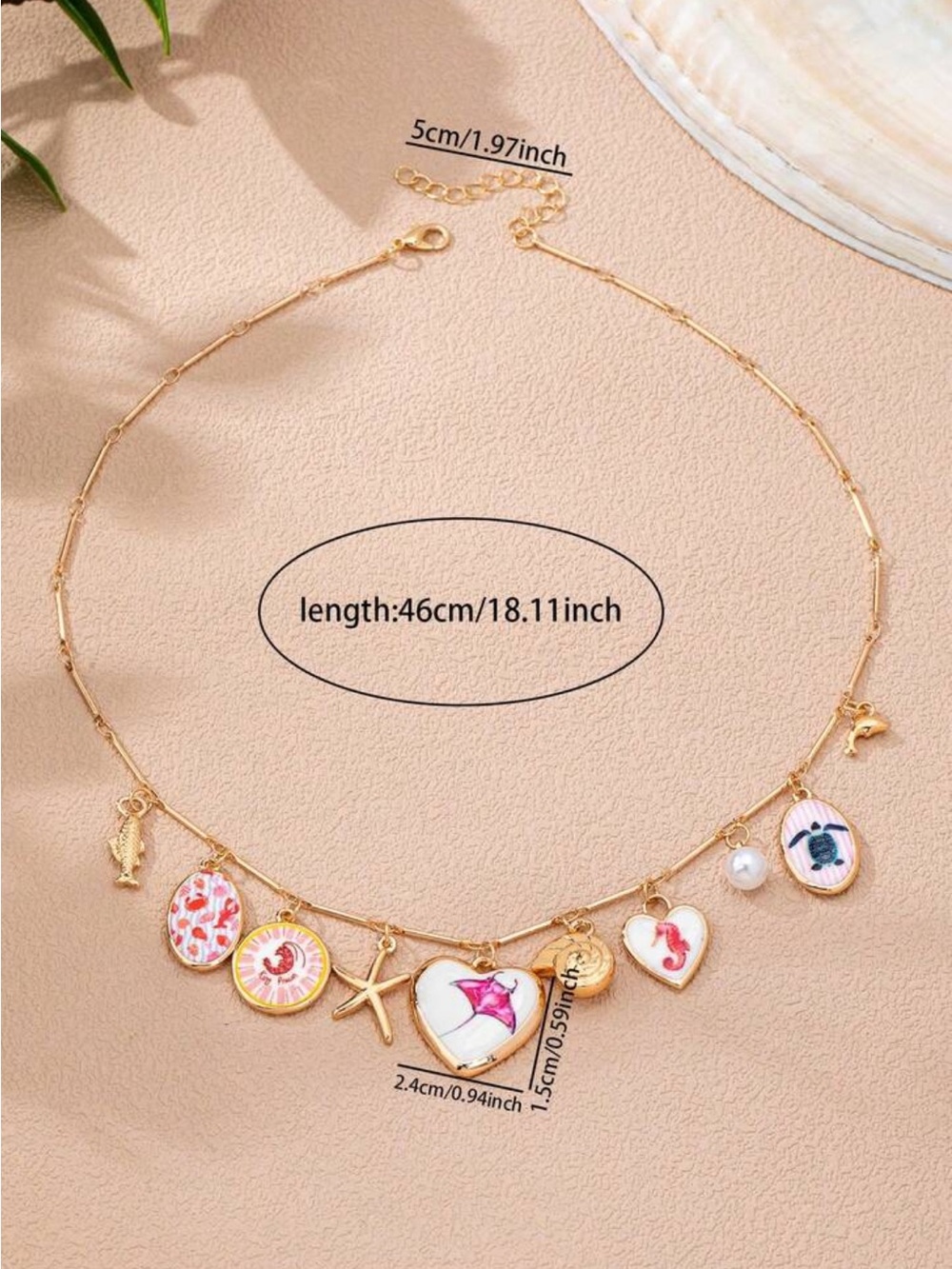 5/$15 🩷 MUST BUNDLE Gold Beach Charm Nautical Necklace with Pink & White Enamel - Picture 5 of 5